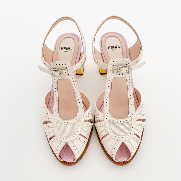 Fendi Chameleon Pumps EU 36 US 6 Cream Yellow Mary Jane Block Mid Heel Sandal - Picture 2 of 13